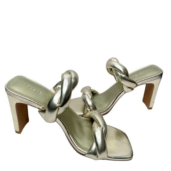 Open Edit Sandals Size 6.5 Gold Metallic Twisted Double Strap‎ Slip On Heels - Picture 4 of 9